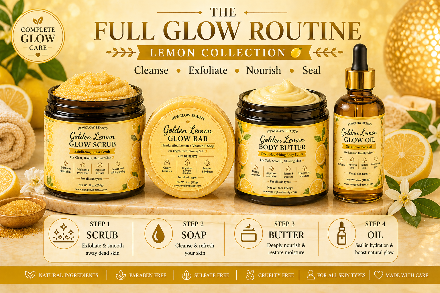 The Full Glow Routine™ – Luxury 4-Step Body Care Ritual (Exfoliate • Cleanse • Nourish • Seal)