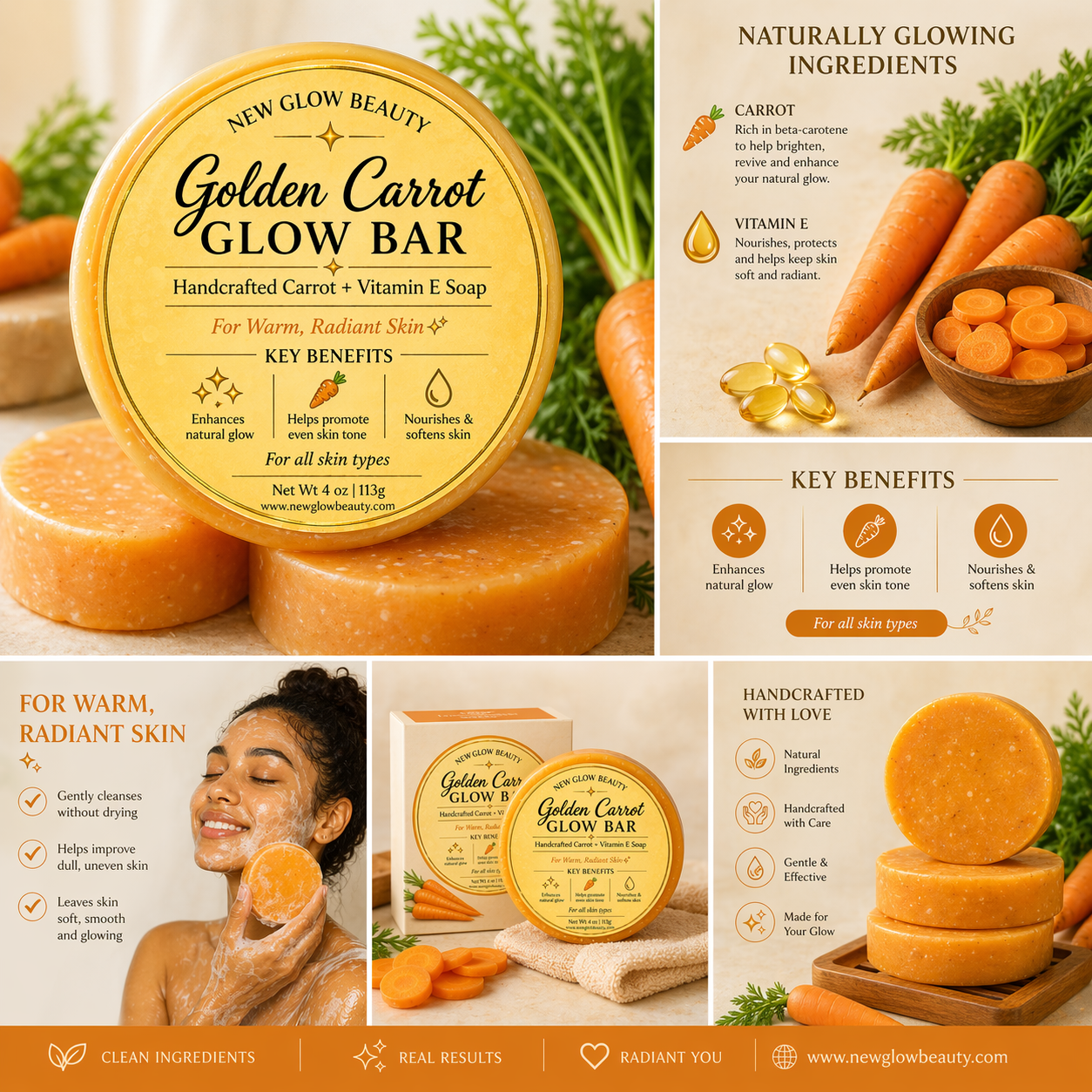 NEWGLOW Soap Trio – Brightening Lemon, Nourishing Carrot &amp; Turmeric Glow Bars (3-Pack)