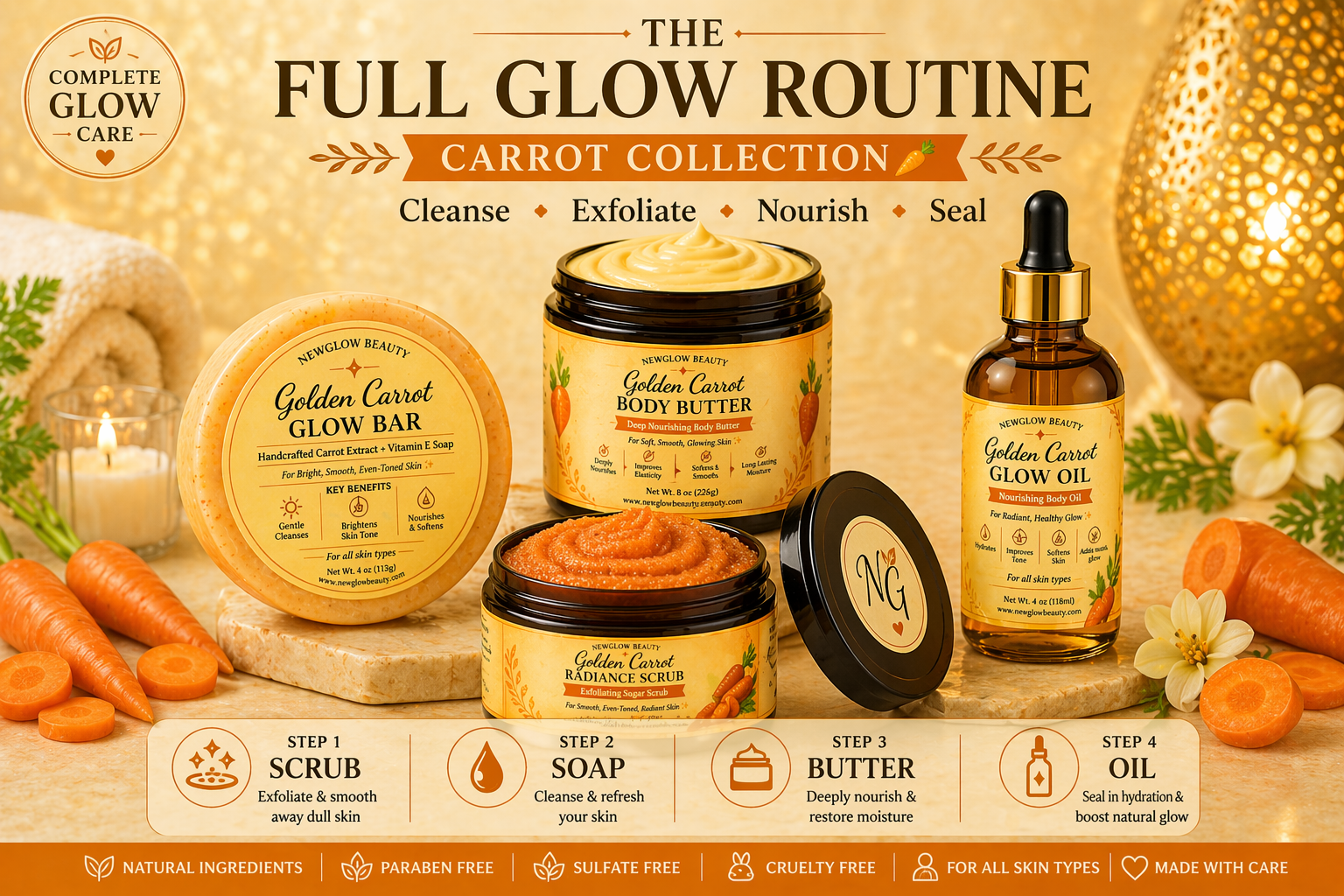 The Full Glow Routine™ – Luxury 4-Step Body Care Ritual (Exfoliate • Cleanse • Nourish • Seal)