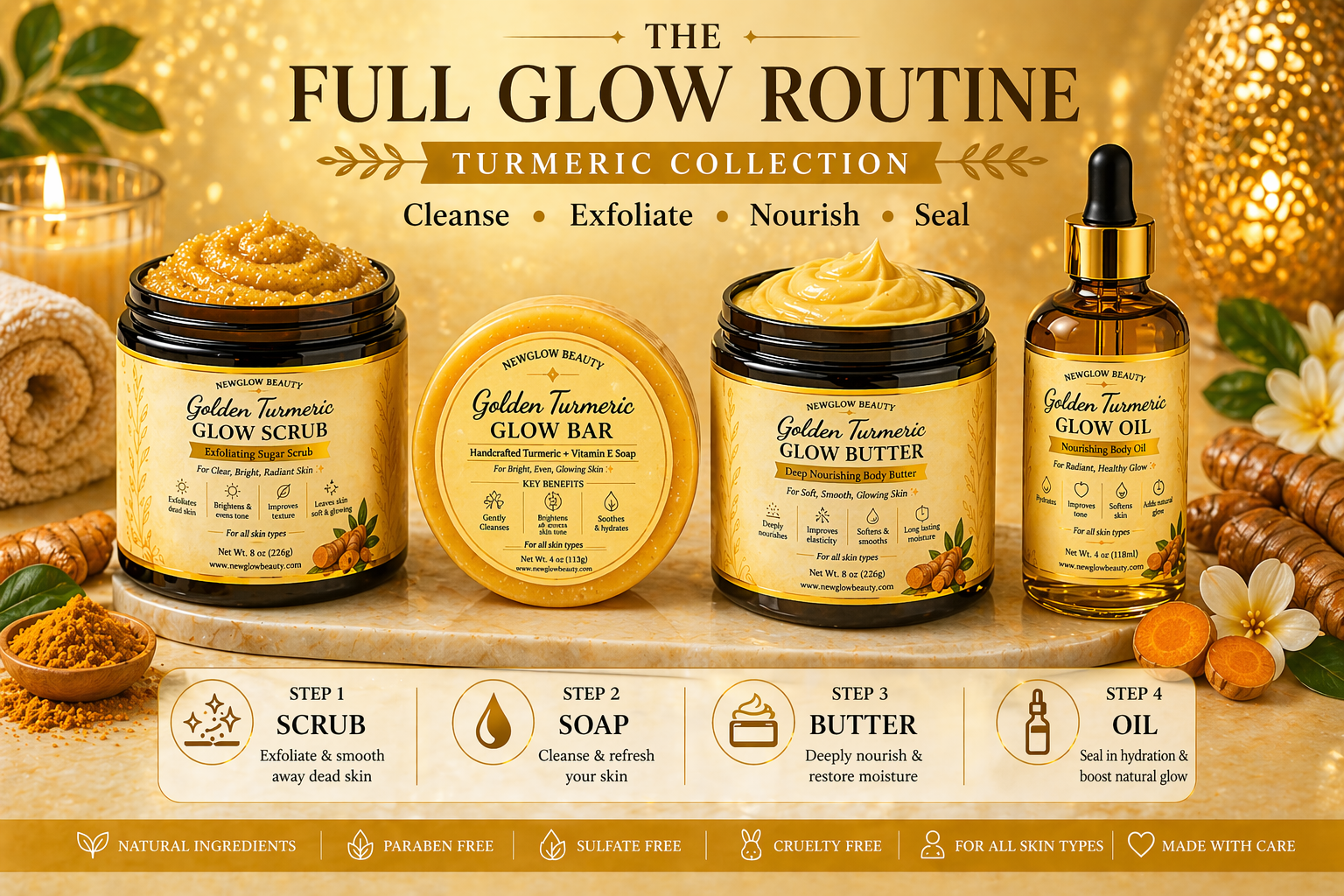 The Full Glow Routine™ – Luxury 4-Step Body Care Ritual (Exfoliate • Cleanse • Nourish • Seal)
